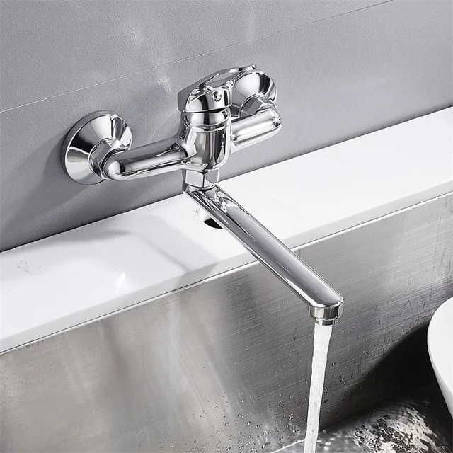 Best Price Wall Mounted Kitchen Faucet Lengthened Copper Rotate Single Handle Basin Faucet Hot Cold Water Mixer Pool Tap Sink Faucet