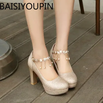 

Women Thick Heels Professional Shoe Girl Tassel Dress Shoes Silver Sequins Bride Shoes Platform Women Wedding Shoes Plus Size 43