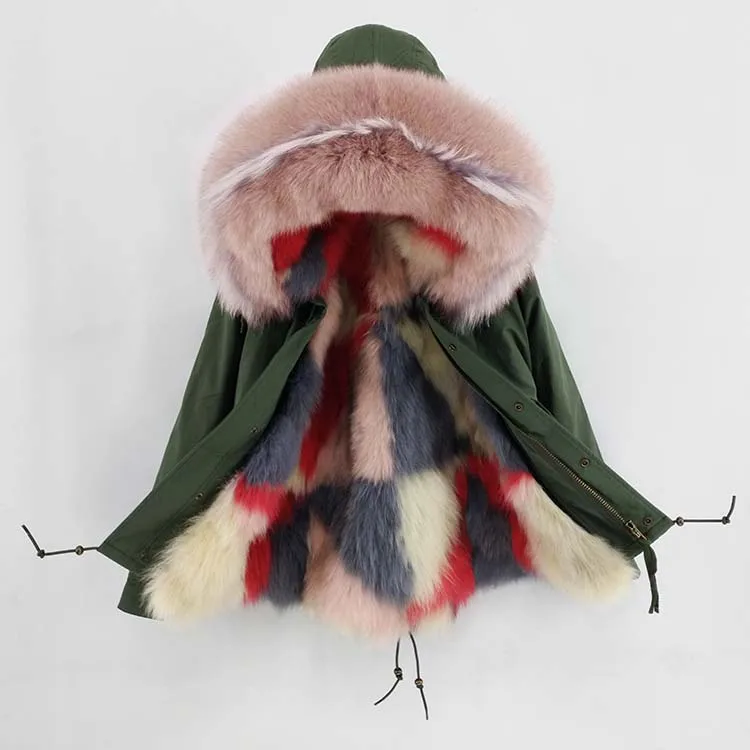 Новая мода Настоящее енота меховой воротник с капюшоном зимняя куртка женская парка мех животных толстое теплое пальто