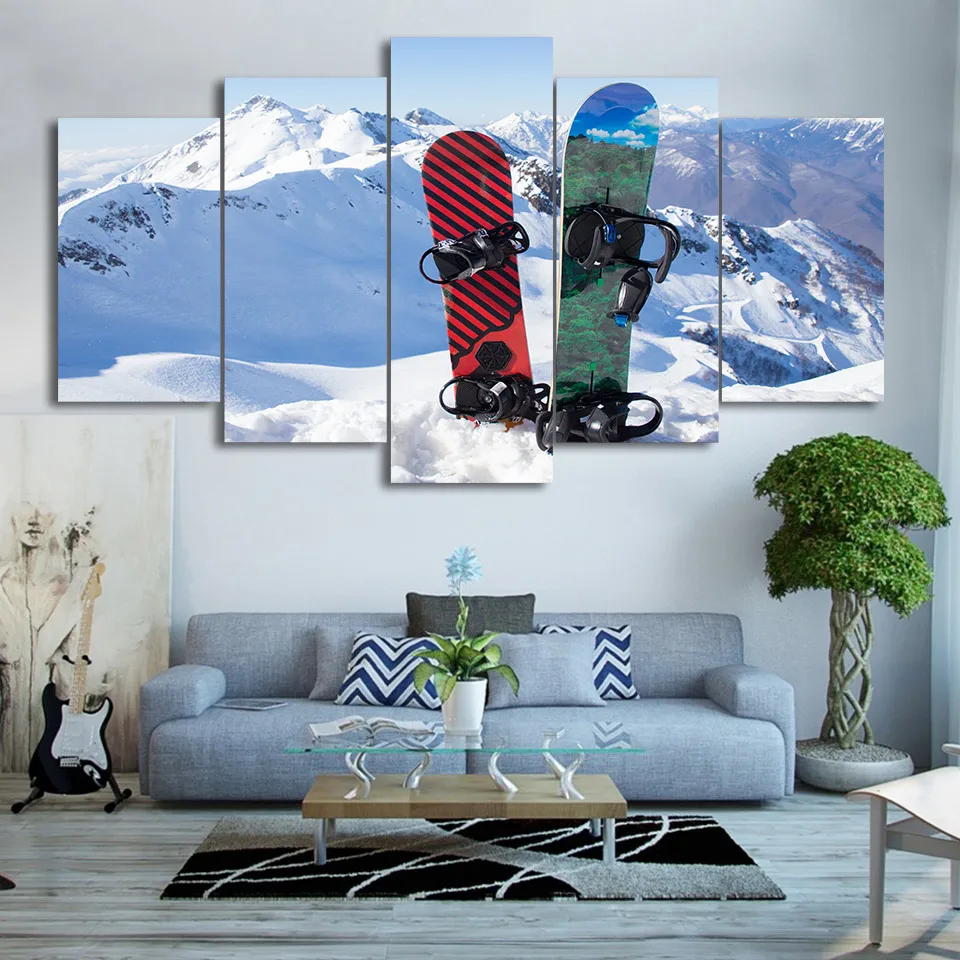 HD Printed 5 Piece Canvas Art Ice Mountain Skiing Painting Snowboard