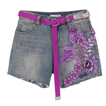 

Summer Fashion Womens High Waisted Embroidery Sequined Flower Ripped Denim Shorts , Women's Korea Glitters Stretch Jeans Shorts