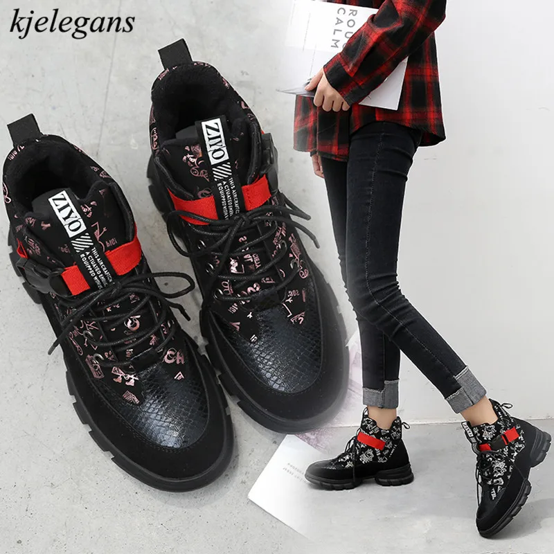 

Kjelegans 2018 high top shoes Woman Casual Shoes Breathable Sneakers Fashion autumn winter short plush Lace-Up Shoes