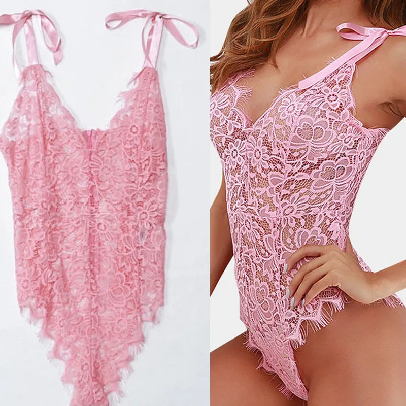 

Sexy Summer Womens V Neck Lingerie Bodysuit Lace Hollow Out See-through Leotard Vest Tops Jumpsuit High Quality Hot Selling