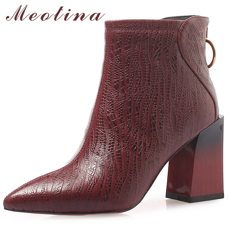 

Meotina Women Boots Autumn Ankle Boots Genuine Leather Square High Heel Short Boots Zipper Pointed Toe Shoes Lady Winter Size 39