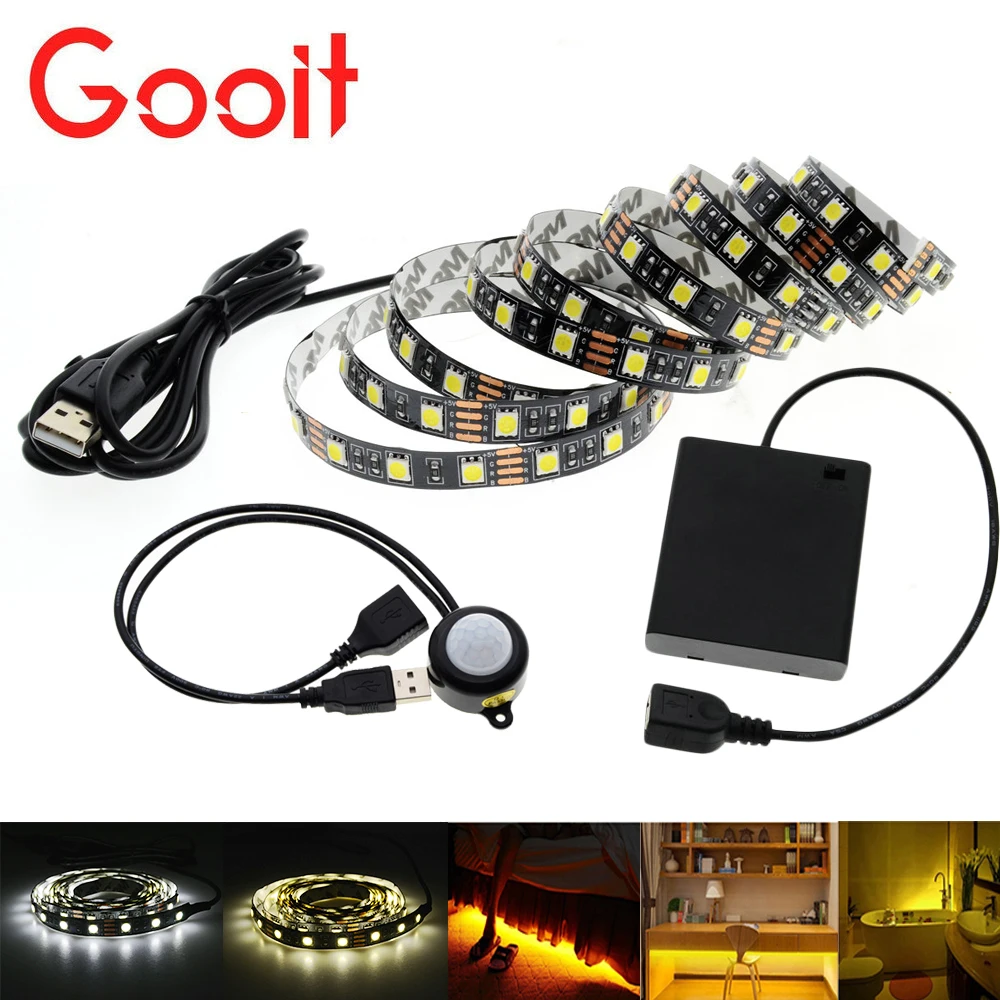Us 13 96 Automatic Pir Motion Sensor Switch Led Strip Set Usb Battery Operated Under Bed Light Bedroom Night Lights White Warm In Strips
