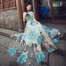 Floral Print Organza maxi dresses women summer sleeveless long dress cute fairy o neck two layer women elegant party dress chic women s organza print jewel neck sleeveless dress