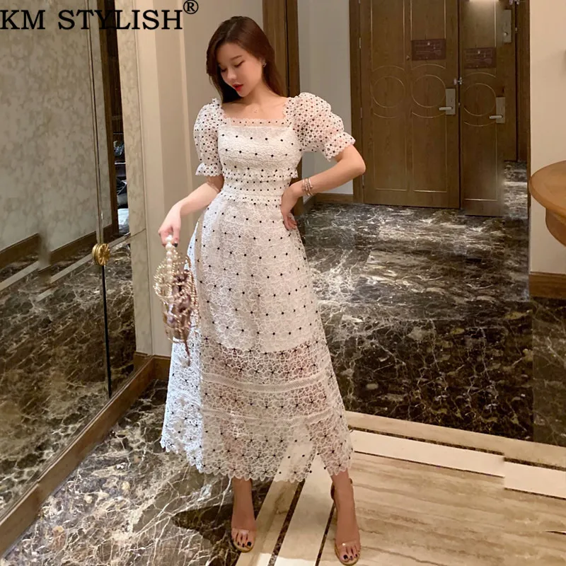 

2019 New Summer Women's Long One-piece Dress France Short Sleeve Square Collar Water-soluble Lace Polka Dot Maxi Dress