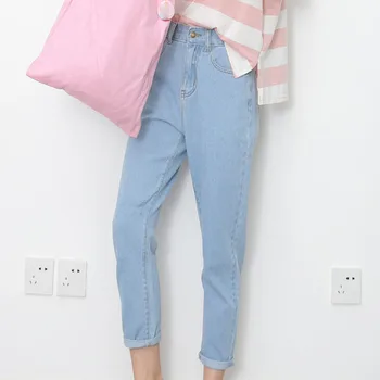 

2019 New Women High Waist Pencil Jeans Solid Loose Pockets Denim Pants Korea Plus Size Trousers