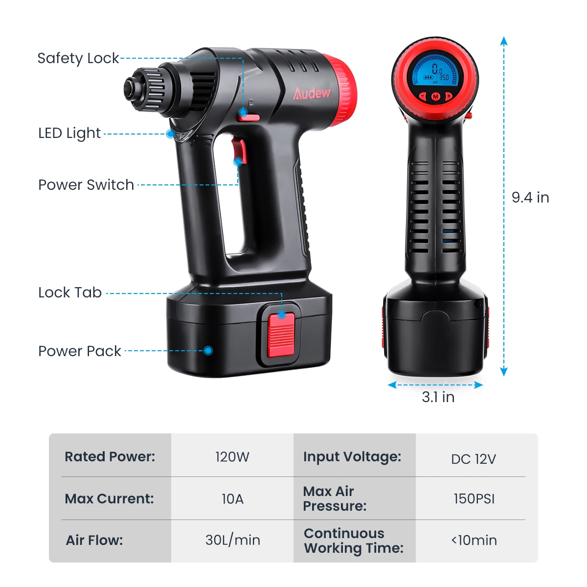  Audew 12V 160PSI Cordless Air Compressor Portable Tire Inflator Auto Hand Held Air Pump Digital LCD