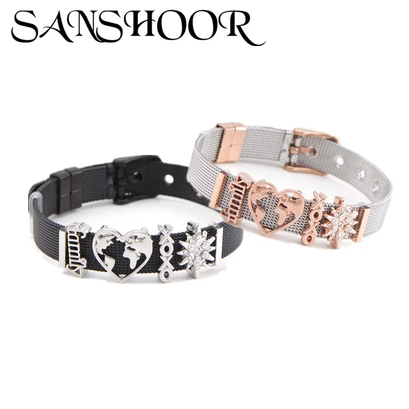 Dropshipping SANSHOOR Jewelry Family Heart Shaped World Map Slide Charms Fit Stainless Steel Mesh Bracelet Set for Women as Gift | Украшения