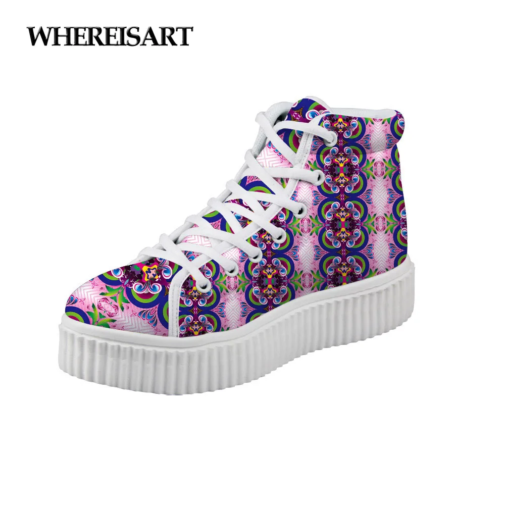 

WHEREISART 2019 Girls Height Increasing Platform Shoes Symmetrical Pattern Printing Sneakers Teenagers Casual Lace Up High Top