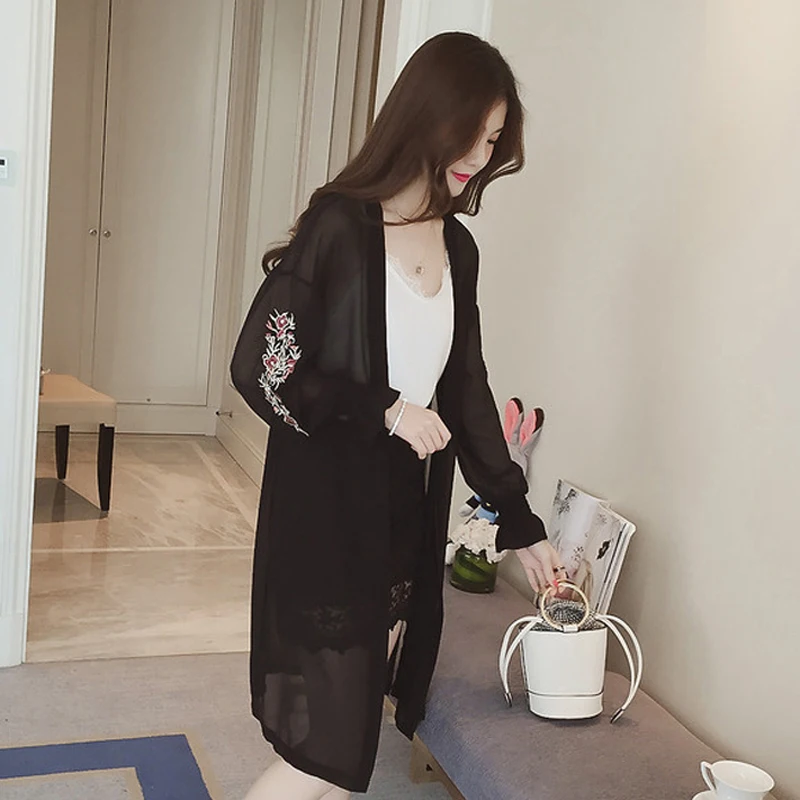 Women Tops Cardigan Casual Summer Long Sleeve Loose S~2XL Chiffon Ladies Blouse