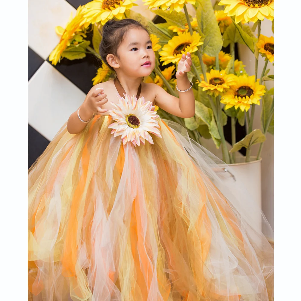 Halloween Scarecrow Costume for Girls Sunflower Dress Ankle Length Pumpkin Thanksgiving Carnival Tutu Dress Ball Gowns Children (7)