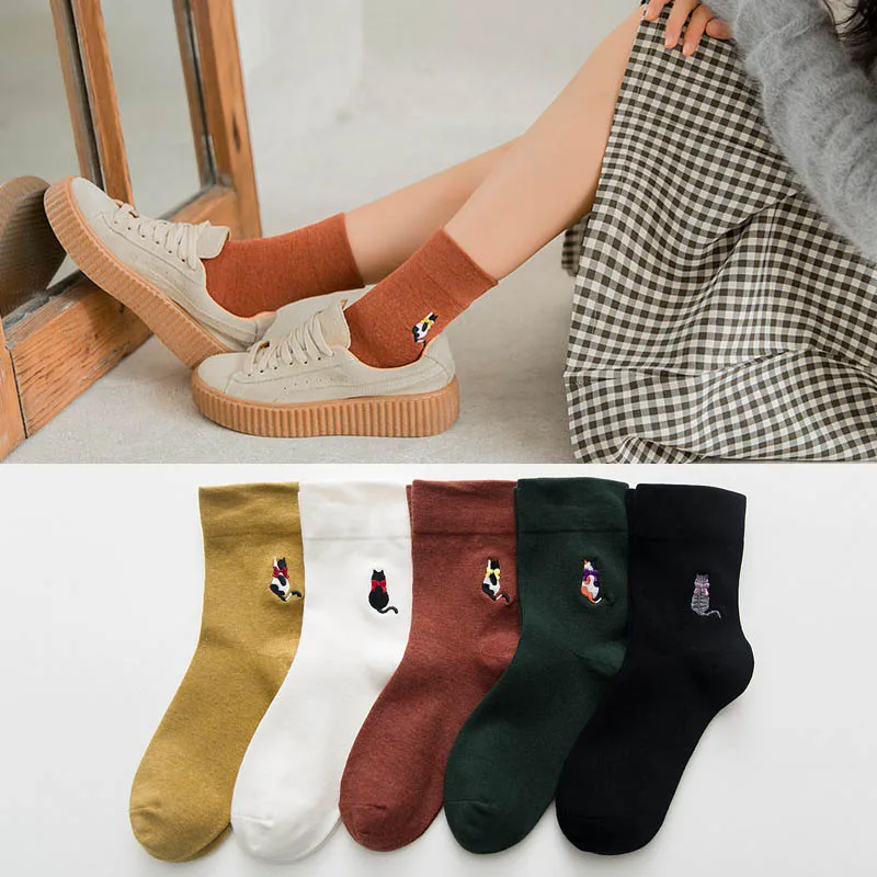 

Spring summer socks for women cotton sock harajuku cartoon Cat embroidery cute socks female casual sox ladies meias mujer 2019