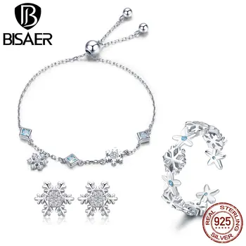 

BISAER Real 925 Sterling Silver Jewelry Set Winter Snowflake Jewelry Sets Earrings Rings Set Authentic Silver Jewelry Making