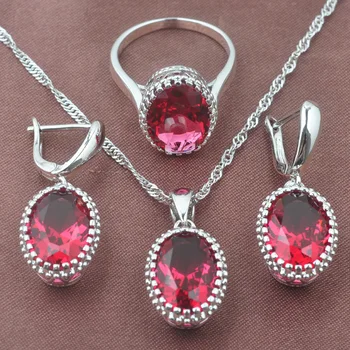

Silver Color Jewelry Set Occident Style Rose Red Zircon Oval Wedding Jewelry Necklace Pendant Earrings Ring TZ0190