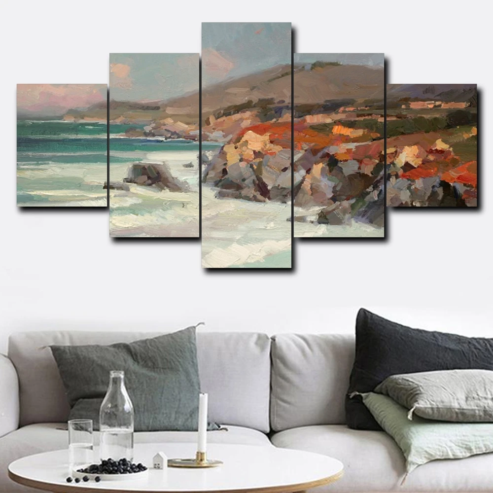 Laeacco 5 Panel Posters and Prints Natural Scenery Seaside Wall Art Canvas Painting Kitchen Home Living Room Decoration | Дом и сад