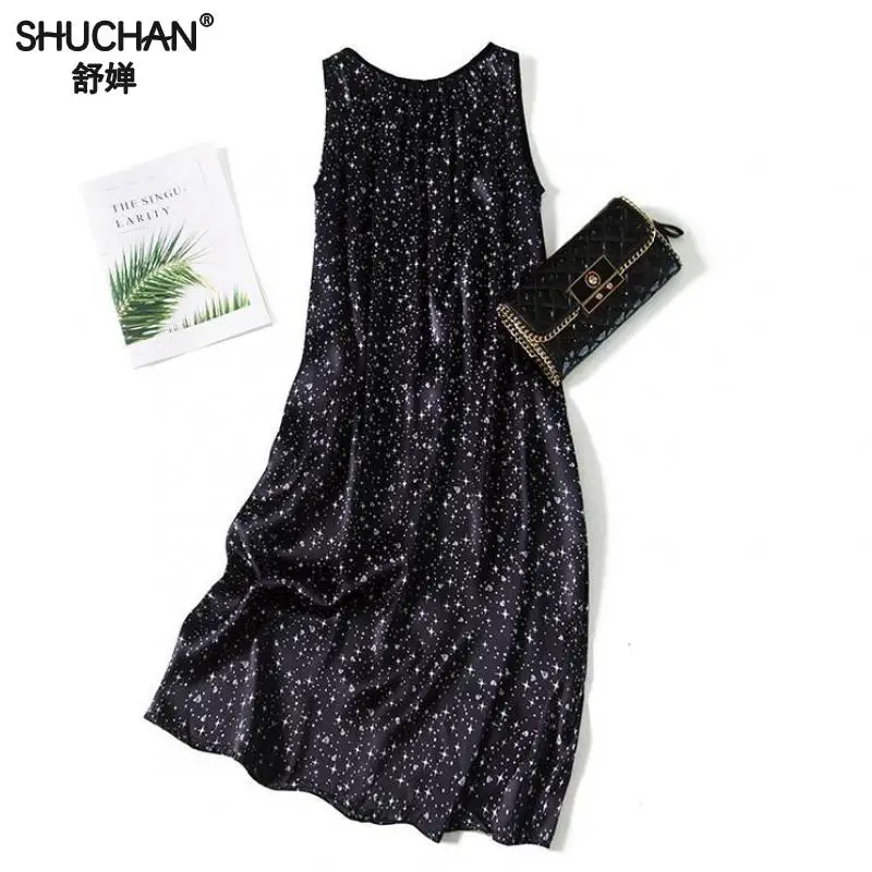 

Shuchan Loose Print Star Sleeveless Tank Dress Beach Style 100% Natural Silk Mid-calf Women Dresses 2019 High Quality A8067