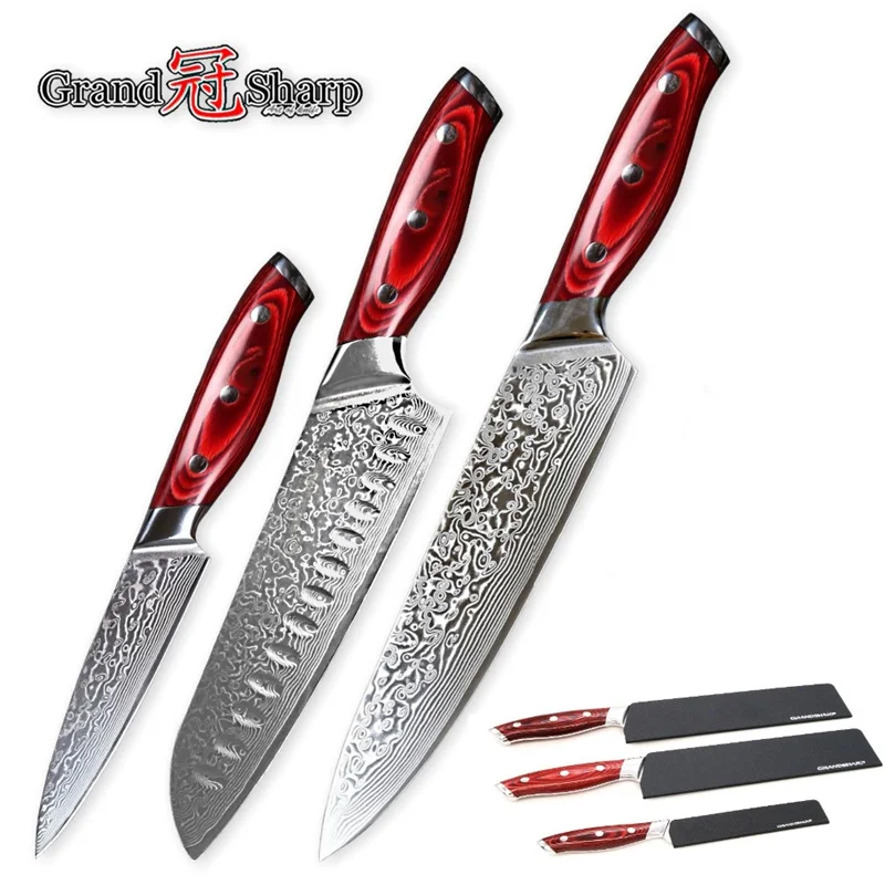 Grandsharp 3 шт. Дамасские наборы ножей 67 слоев японская Дамасская сталь VG10 шеф повар