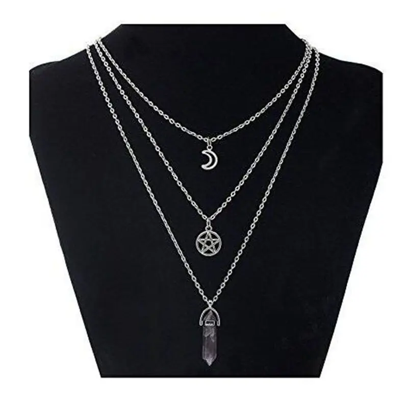 Boho Multi Layered Necklace For Women Natural Stone Hexagonal Gothic Supernatural Pentagram Wicca Moon Necklace Pendant Jewelry