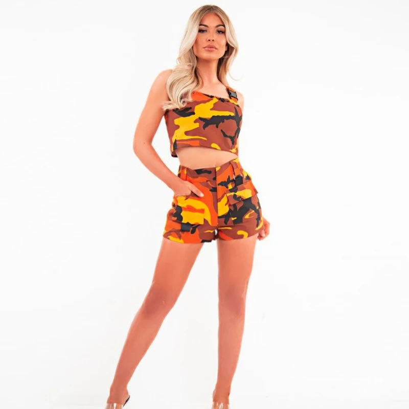 Dulzura summer women two piece set shorts set camouflage streetwear crop top outfit cargo pocket tracksuit 2 piece clothes