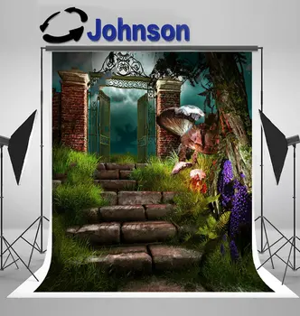 

garden Night Fairy tale Scene Old Gate Stairs Mushrooms background Vinyl cloth High quality Computer print party backdrops