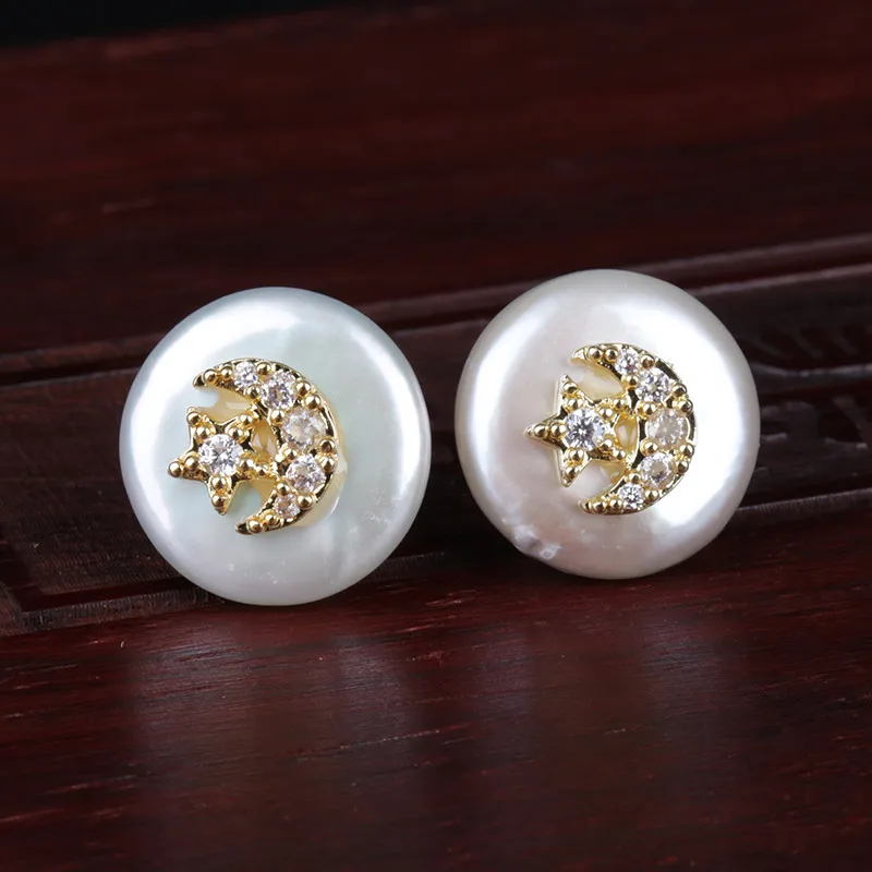 

white cz micro pave tiny star crescent moon natural coin freshwater pearl bead charm gold button stud earring for women