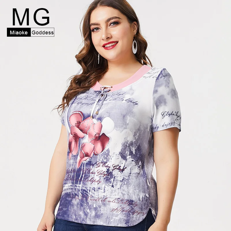 

MG 2019 Summer Ladies Plus Size cotton Print floral t shirt fashions womens office lady female pink tops graphic tee