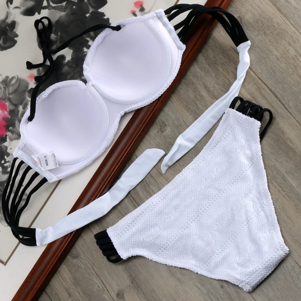 Online 2019 heißer Spitze Push Up Solide Bikini Set Cut Heraus Bademode Bandeau Bikinis Frauen Schwimmen Anzug Verdrahtete Bh Baden anzug E610