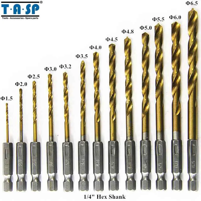 

TASP 13pcs HSS Drill Bit for Metal Twist Drill Set 1.5 ~ 6.5mm - Titanium Coated - 1/4" Hex Shank -MDBK001