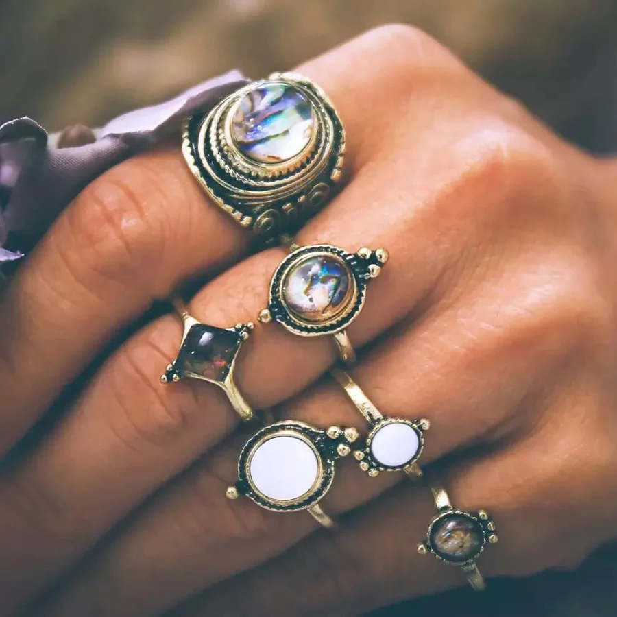 

RAVIMOUR Antique Gold Knuckle Rings for Women Shell Design Geometric Punk Boho Finger Ring Set Indian Beach Jewelry Bague Femme