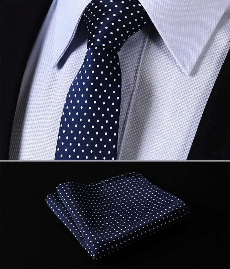 

TD119B6 Blue Polka Dot 2.4" 100%Silk Woven Slim Skinny Narrow Men Tie Necktie Handkerchief Pocket Square Suit Set