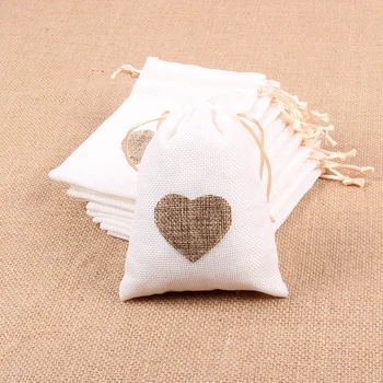 

10Pcs 10x14.5cm Love Heart Pattern Jute Linen Drawstring Bags Birthday Party Wedding Favors and Gifts Candy Pouch