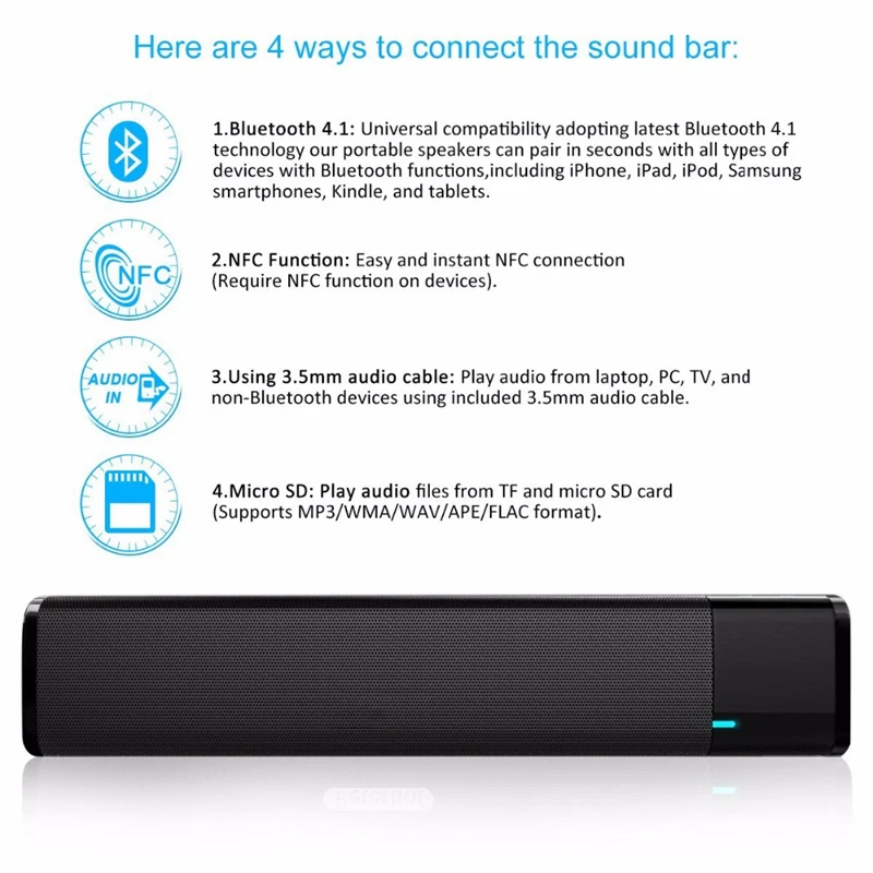 Беспроводной Bluetooth Динамик 20 Вт HiFi Soundbar Super Bass стерео звук Динамик Поддержка сенсорная кнопка NFC карты памяти звуковой ящик