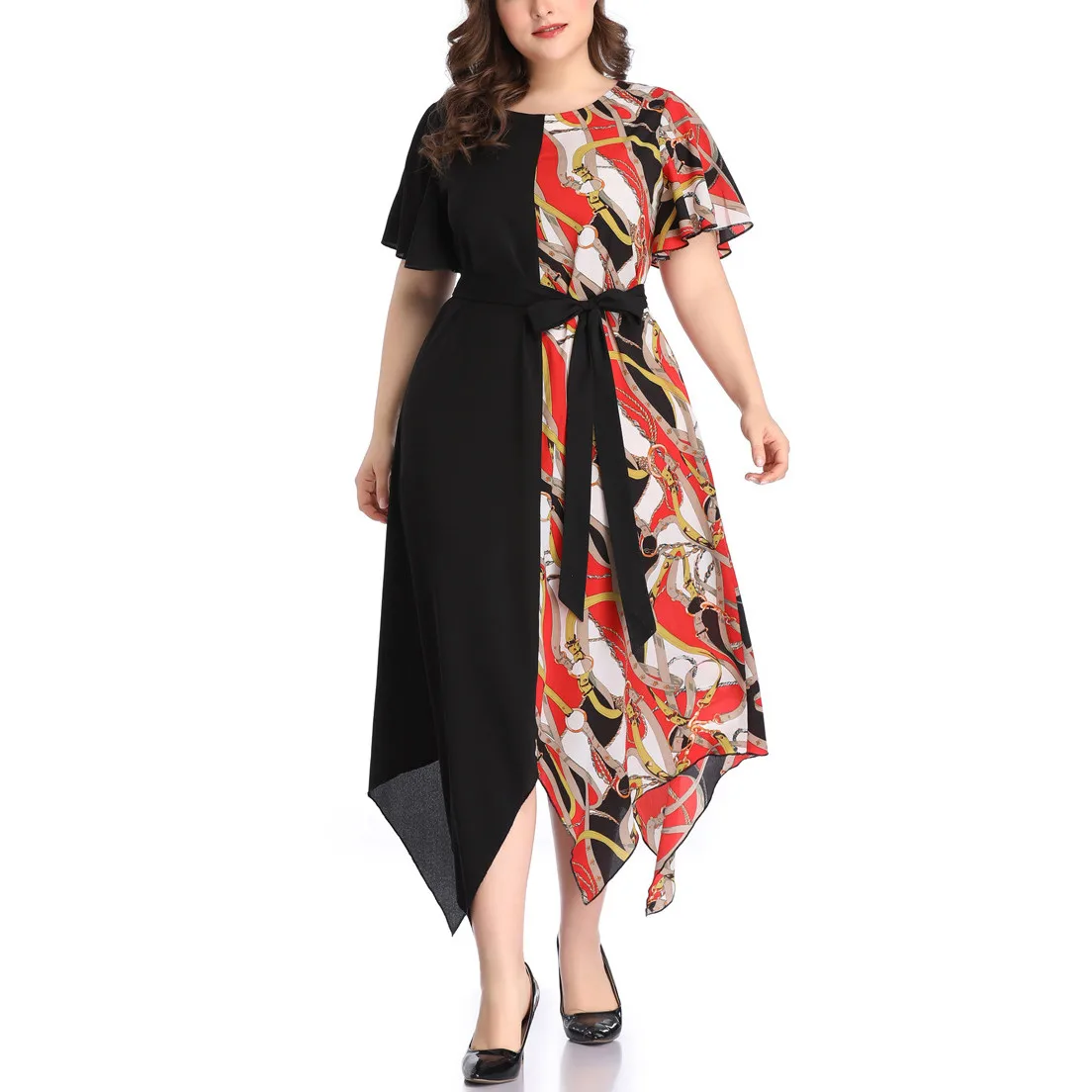 

JAYCOSIN Plus Size Dresses Elegant For Women 2019 Large Size Round Neck Print Straps Contrast Color short-sleeved Dress Vestidos