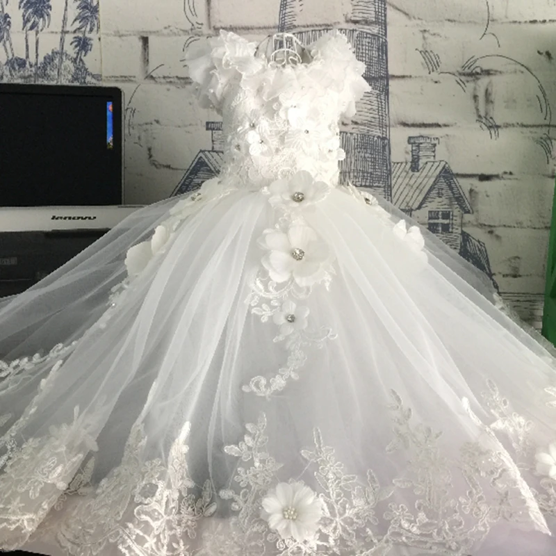 

Pet Dog Dress Princess Wedding Trailing Dress For Small Dogs Stereoscopic Flowers Embroidery Puppy Clothes Lace Dress Poodle Pug