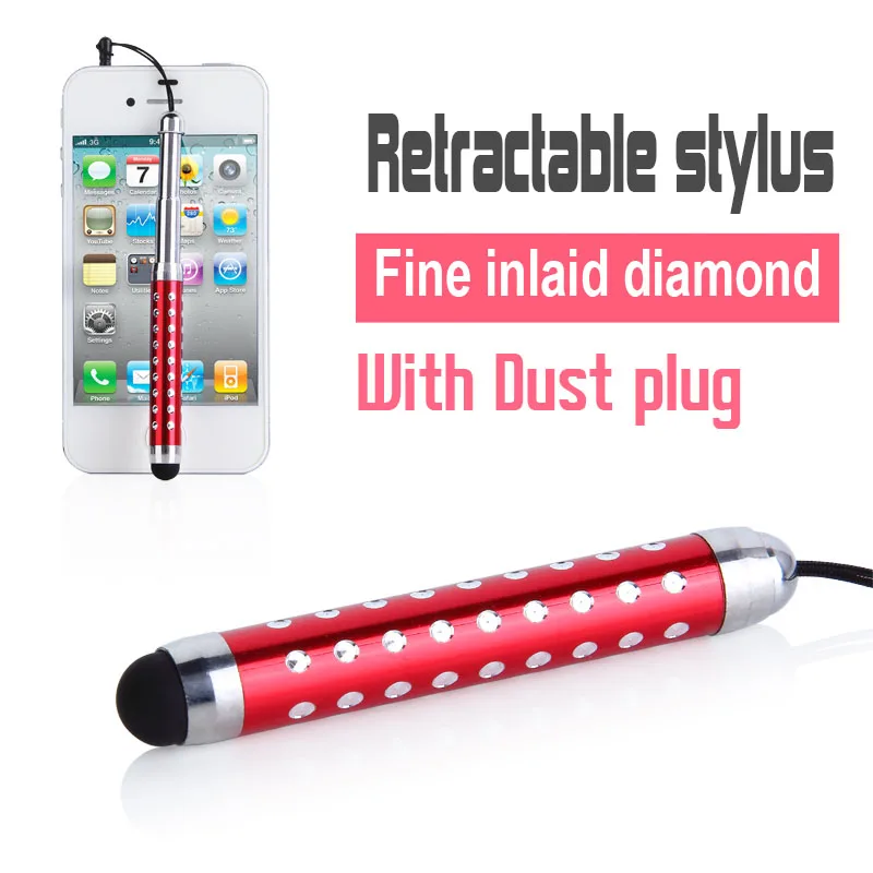 Алмазный кристалл дизайн емкостный Стилус Выдвижной стилус-ручка для мобильного телефона с пылевым штекером 200 шт./партия