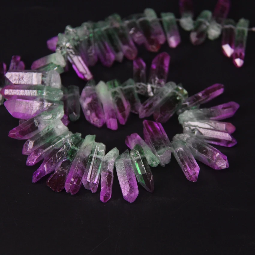 15," /нить фиолетовый и зеленый градиентный цвет титан необработанный Кристальный кварц Топ просверленные точечные бусины, срезанные Кристальные подвески-палочки ювелирные изделия
