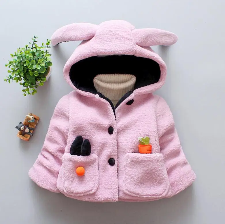Детское зимнее флисовое пальто; детская одежда; Шерсть ягненка для маленьких девочек; теплая куртка с капюшоном; куртка с кроличьими ушками - Цвет: pink