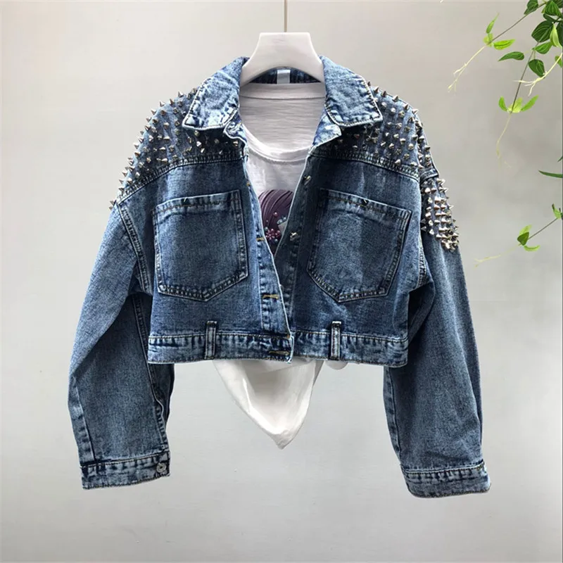 Women's Denim Jacket With Rivet 2024 Spring Autumn Streetwear Long Sleeve Pockets Ladies Jean Jackets Loose Short Outwear Femme