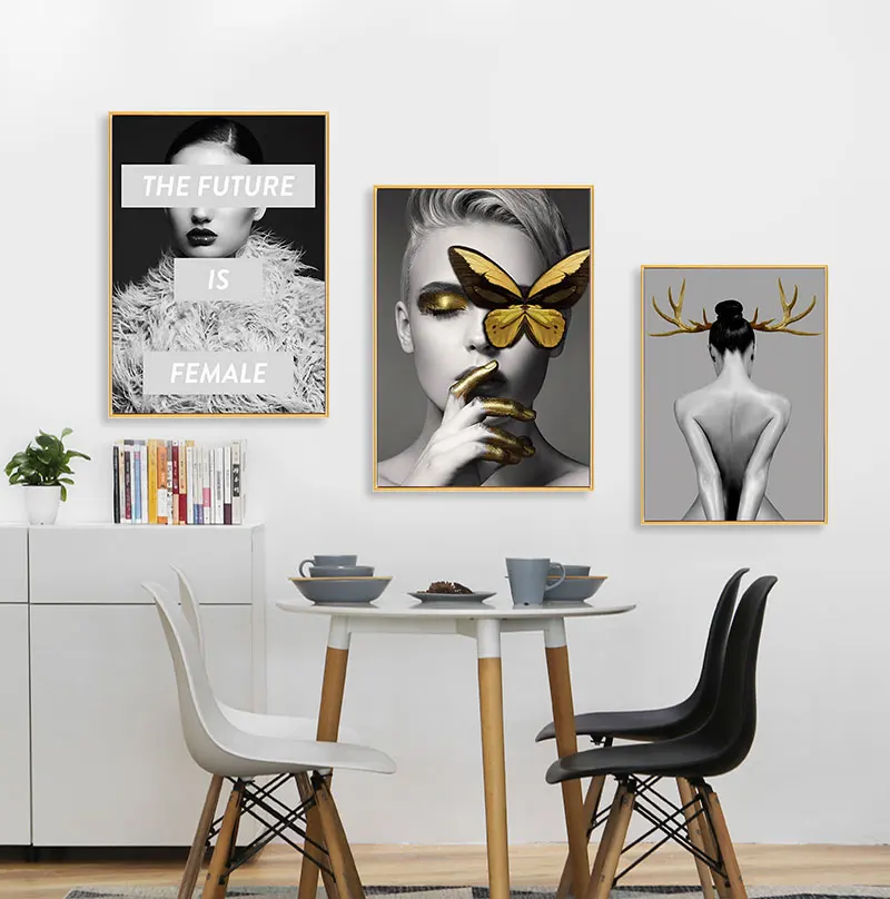 Golden Antlers Woman Model Abstract Canvas Painting Posters Fashion Sexy Beauty Art Print Poster Wall Picture for Home Unframed