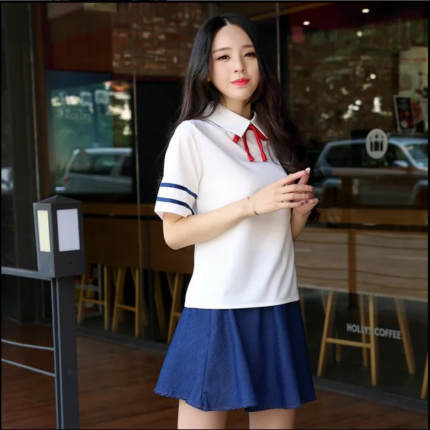 Японский Школьная Униформа отложной воротник короткий рукав Sailor Топы+ юбка темно-школьный стиль Колледж студентов костюм для девочки