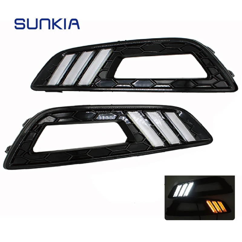 

SUNKIA LED Car DRL Daytime Running Lights 12V with Turn Signal and Dimmed Function with Fog Lamp Hole for Ford Focus 4th