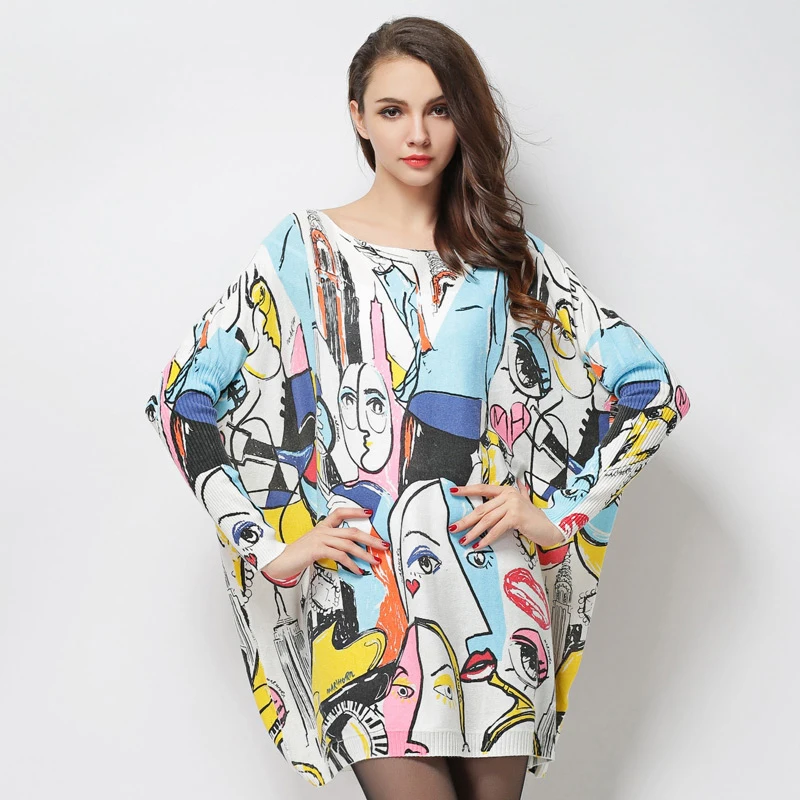 Online 2019 otoño nuevo de gran tamaño suéter de punto de mujer Jersey largo para mujer de invierno de las señoras de moda de impresión Sesy Top con cuello oblicuo sweter