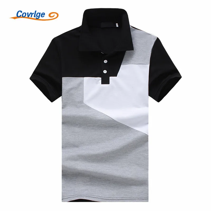 Covrlge Men Polo Shirt Men Business Black and White Stitching Solid ...