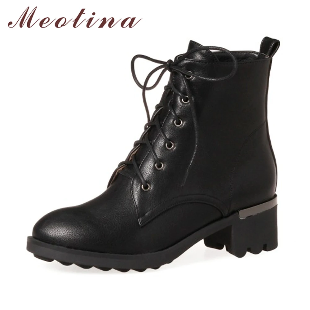 

Meotina Winter Women Ankle Boots Lace Up Short Boots Thick Heel Motorcycle Boots Punk Female Shoes Black Red Gray Big Size 33-43