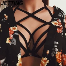 Seksi Goth kadın Hollow Out elastik bandaj kafes Strappy Halter Cupless sütyen büstiyer mahsul Tops