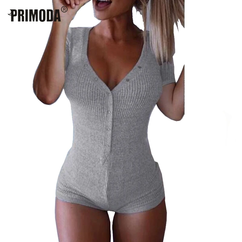 

2019 Summer Short Sleeve Bodysuits Women Rompers Sexy Club Button Neck Solid Bodycon Body Female Cotton Knitted BodySuits GV282