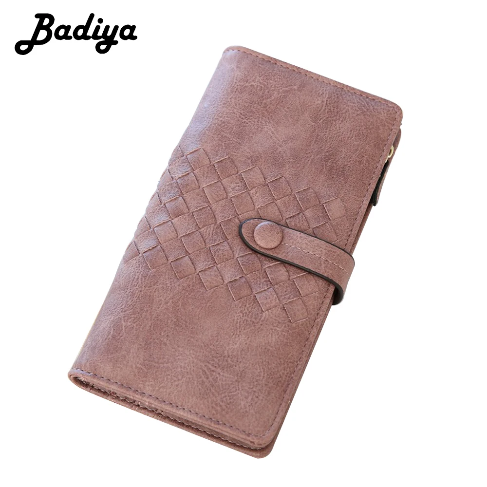 

Woven Pattern Women Long Hasp Wallet Brief Pure Bifold Leather Checkbook Wallet Large Capacity