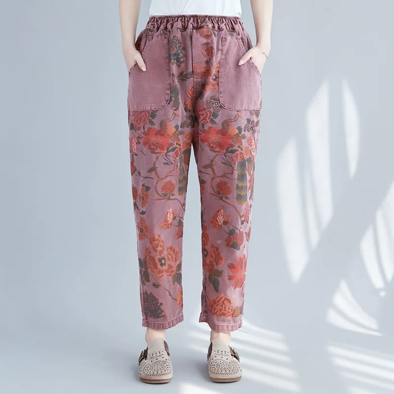 

Mori Girl Elastic Waist Loose Jeans Vintage Printed Large size Denim Trousers Casual Big pocket Harem Denim pants Pantalon YT428